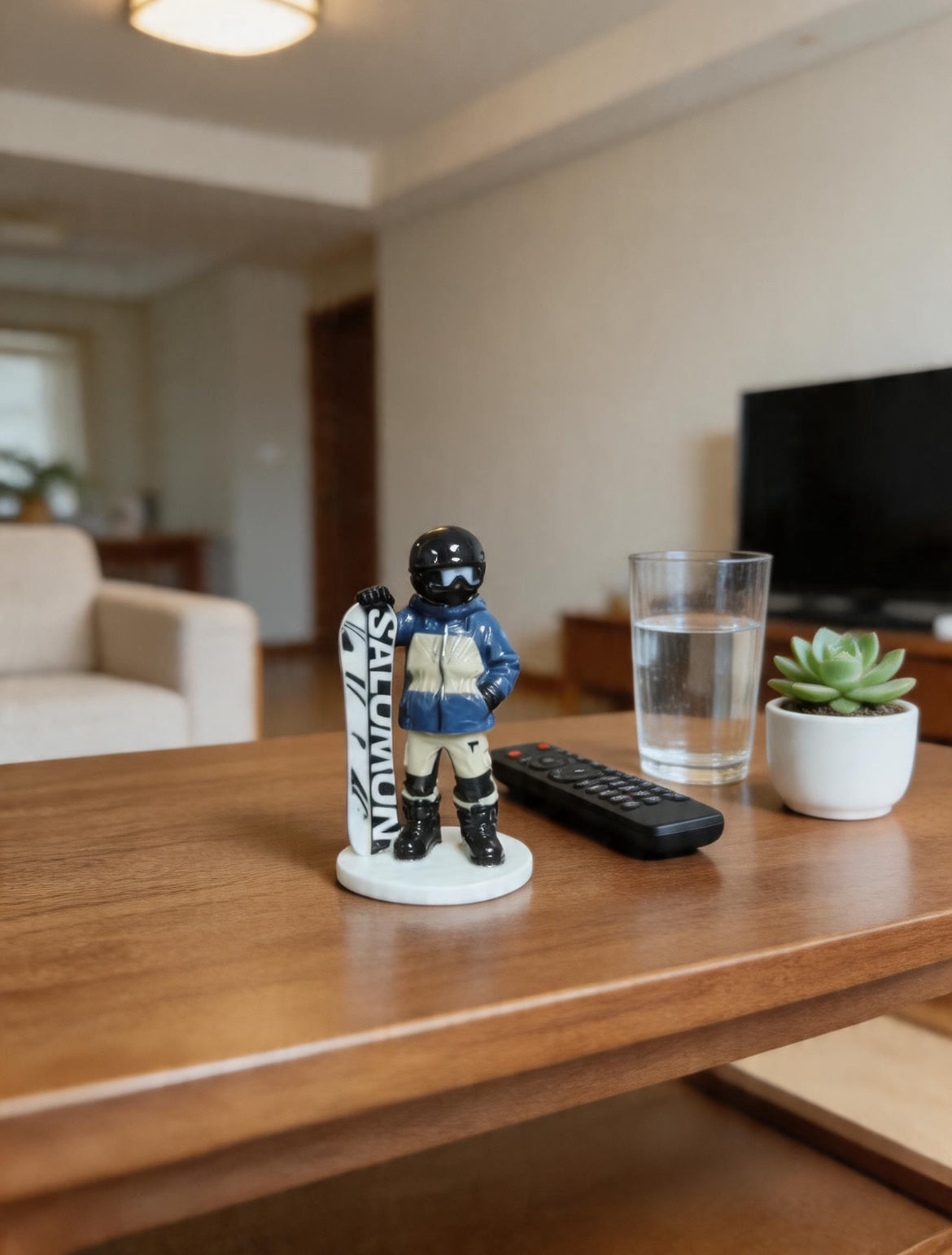 Custom skiing figurine displayed in a home